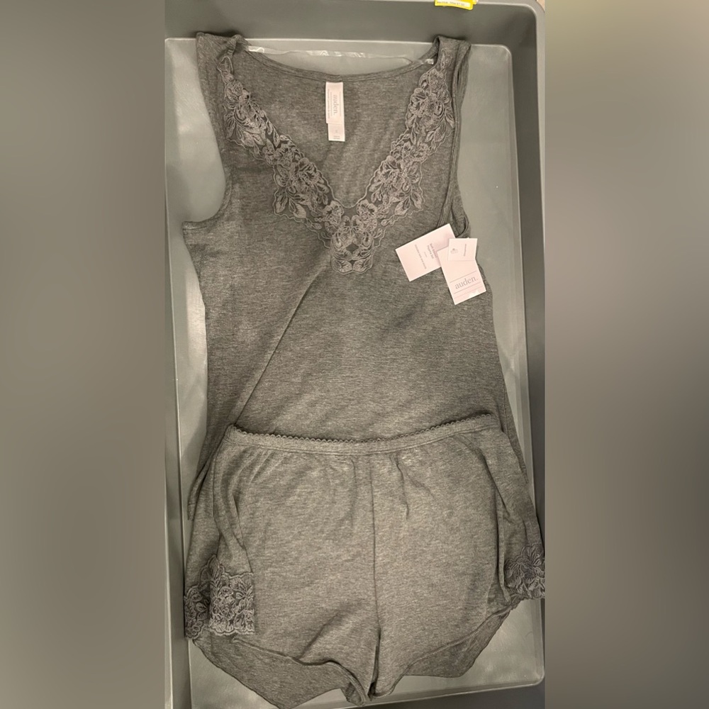 Auden Women's Lace Trim Ribbed Tank Top & Shorts Pajama Set Dark Gray Size XS